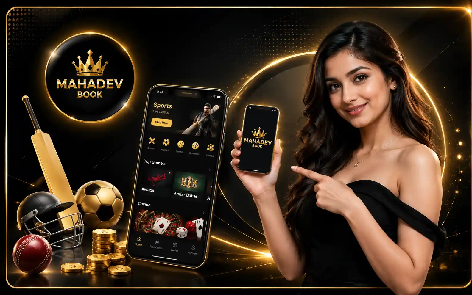 What Is Mahadev Book online platform with female model and smartphone